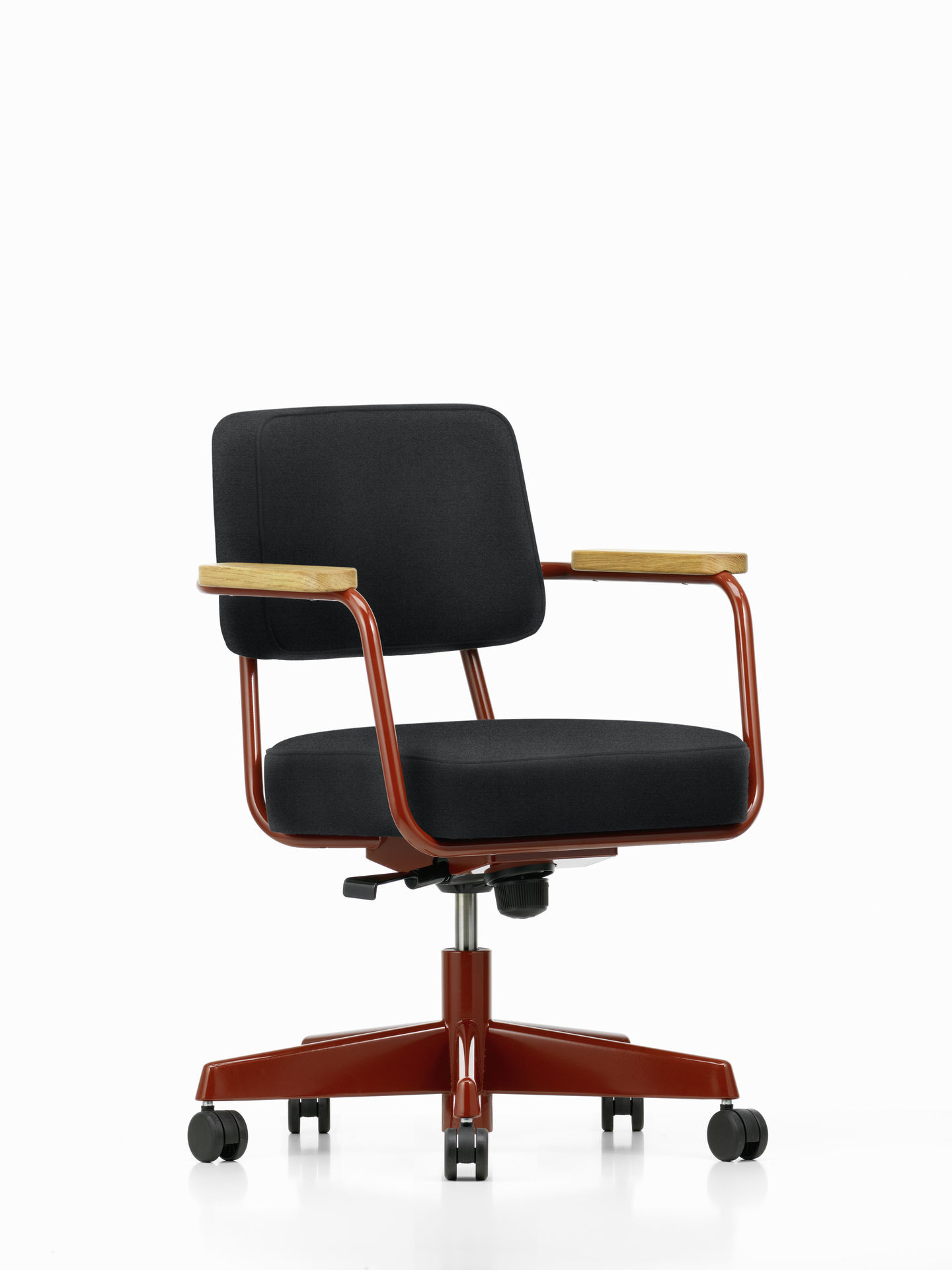 Vitra Fauteuil Direction Pivotant Bürostuhl mit schwarzem Bezug und rotem Gestell.