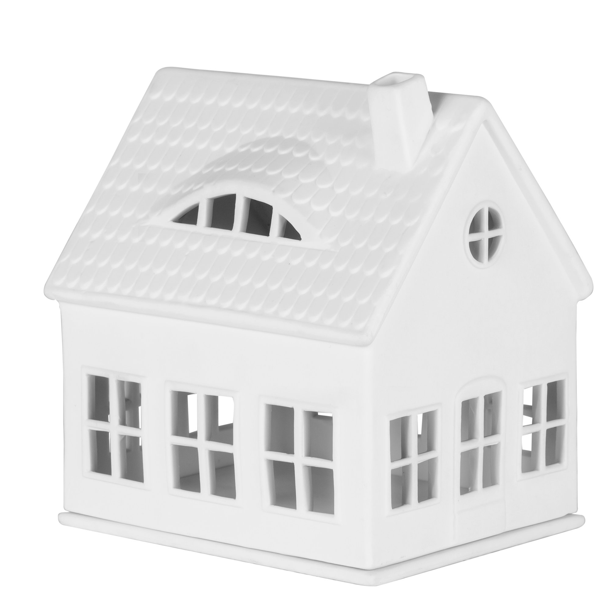 Weißes Lichthaus Gaubenhaus von Räder, Keramikhaus mit vielen Fenstern und Schornstein.