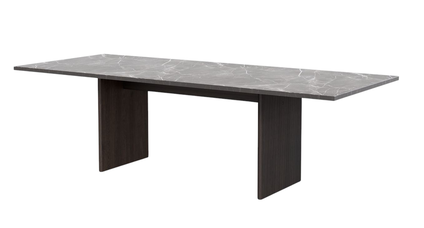Cabin Square Table Esstisch mit Jura Grau Blau Marmorplatte und dunklen Eichenholz Beinen.