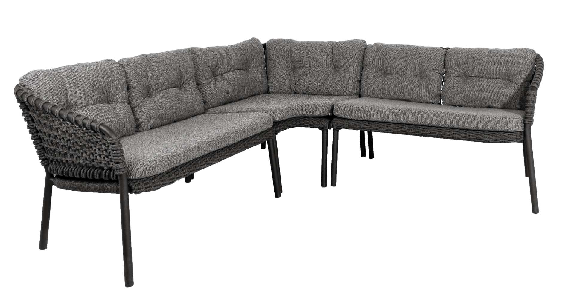 Ocean Eckmodul Sofa von Cane-Line für den Außenbereich, grau, mit geflochtenem Rahmen.