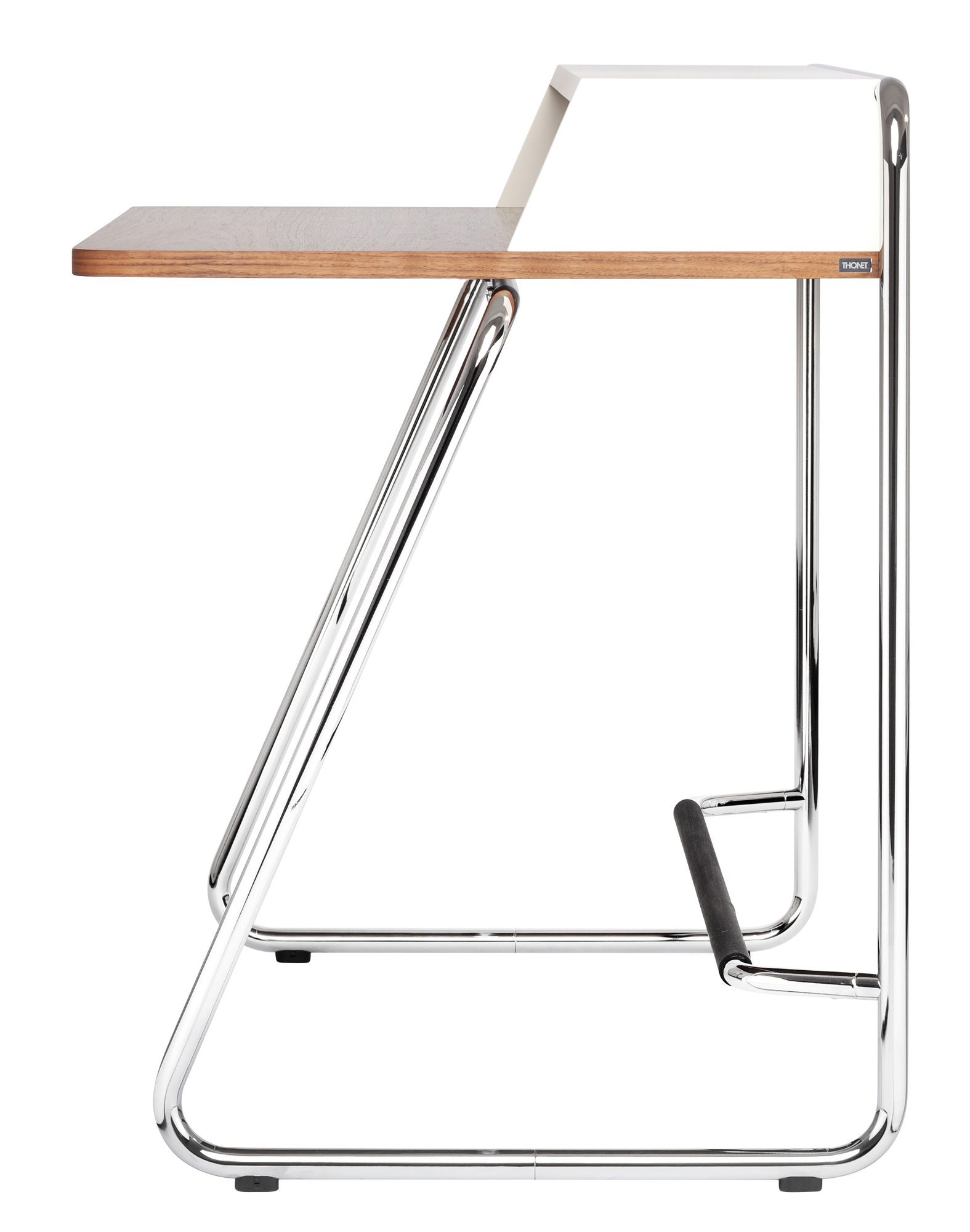 S 1200 Thonet Sekretär: Moderner Schreibtisch mit Holzplatte und verchromtem Stahlrohrgestell, seitliche Ansicht.
