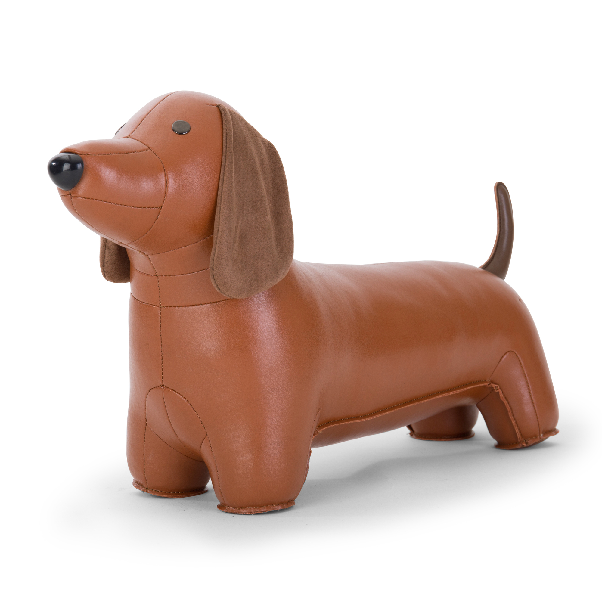 Türstopper Dackel aus braunem Kunstleder, dekorativer und schwerer Türhalter im Dackel Design von Züny.