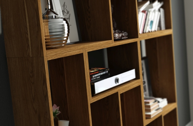 Detailaufnahme des Jorden Regals aus hellem Treibholz, gefüllt mit Büchern und Dekoration, für Wohnzimmer und Büro.