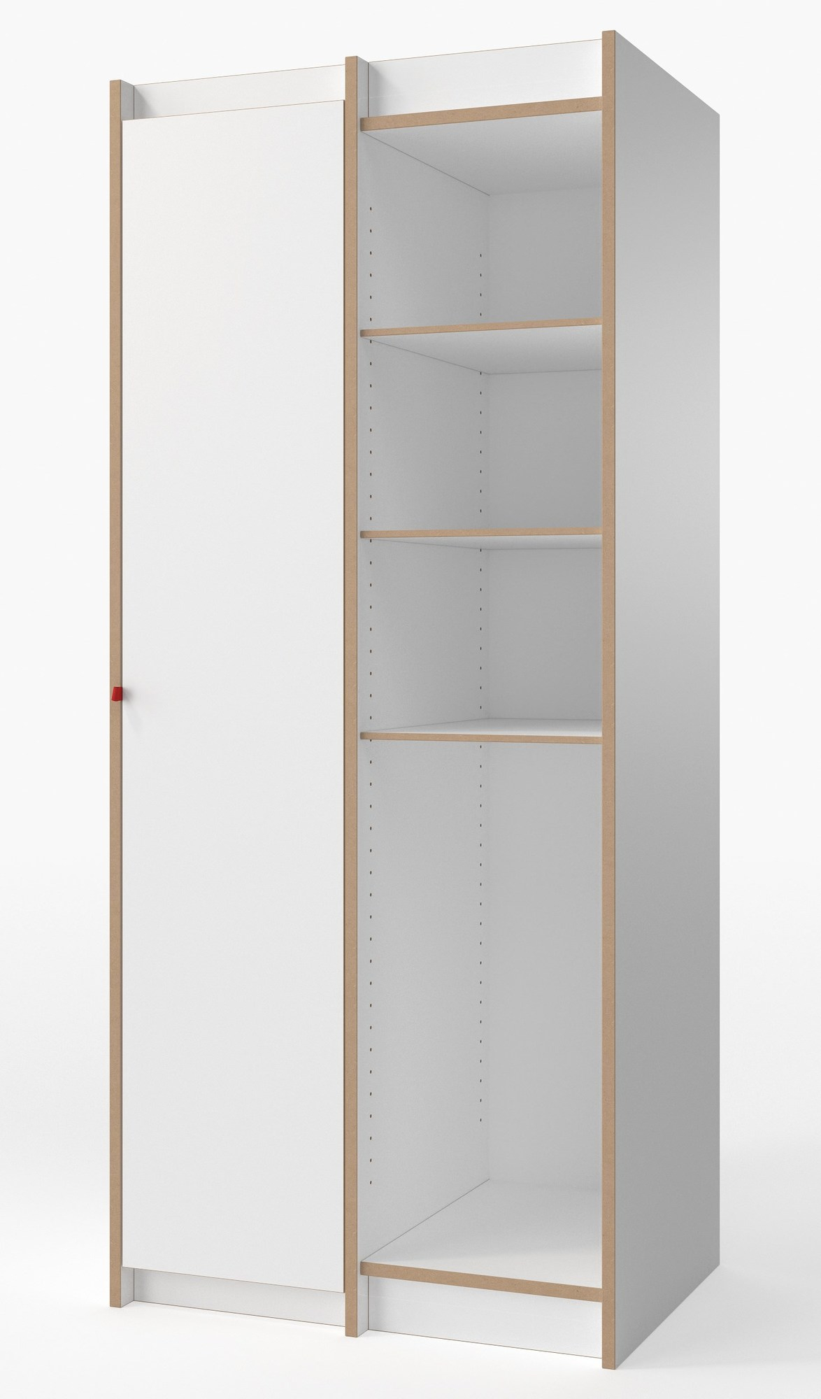 Weißes Steh Schrank Anbaumodul von Tojo mit Tür und offenen Regalfächern für Stauraum.