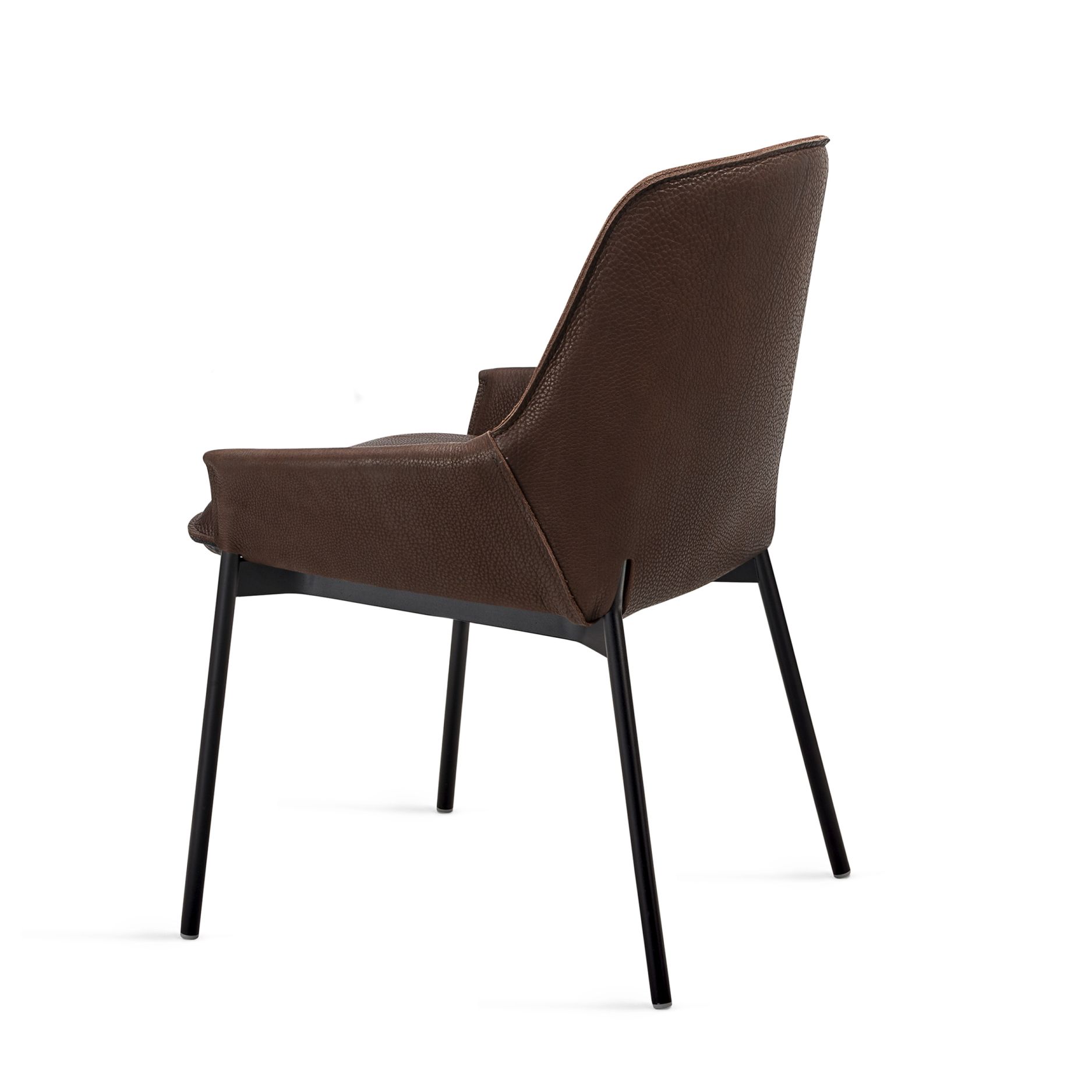 Grace Armchair mit niedrigen Armlehnen von Freifrau Manufaktur, braunes Leder, schwarzes Gestell, Rückansicht.