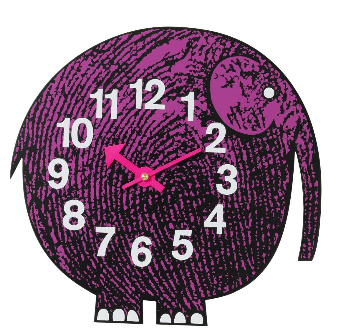 Elihu Elefant Wanduhr von Vitra Zoo Timers, lila und schwarz, für Kinderzimmer.