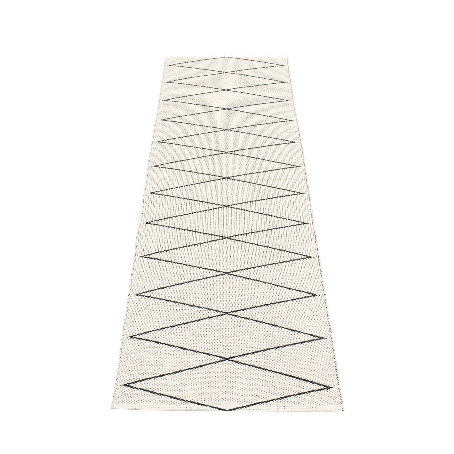 Max Kunststoffteppich von Pappelina, 70x240 cm, schwarz-vanille mit grafischem Rautenmuster. Küchenteppich, Badteppich.