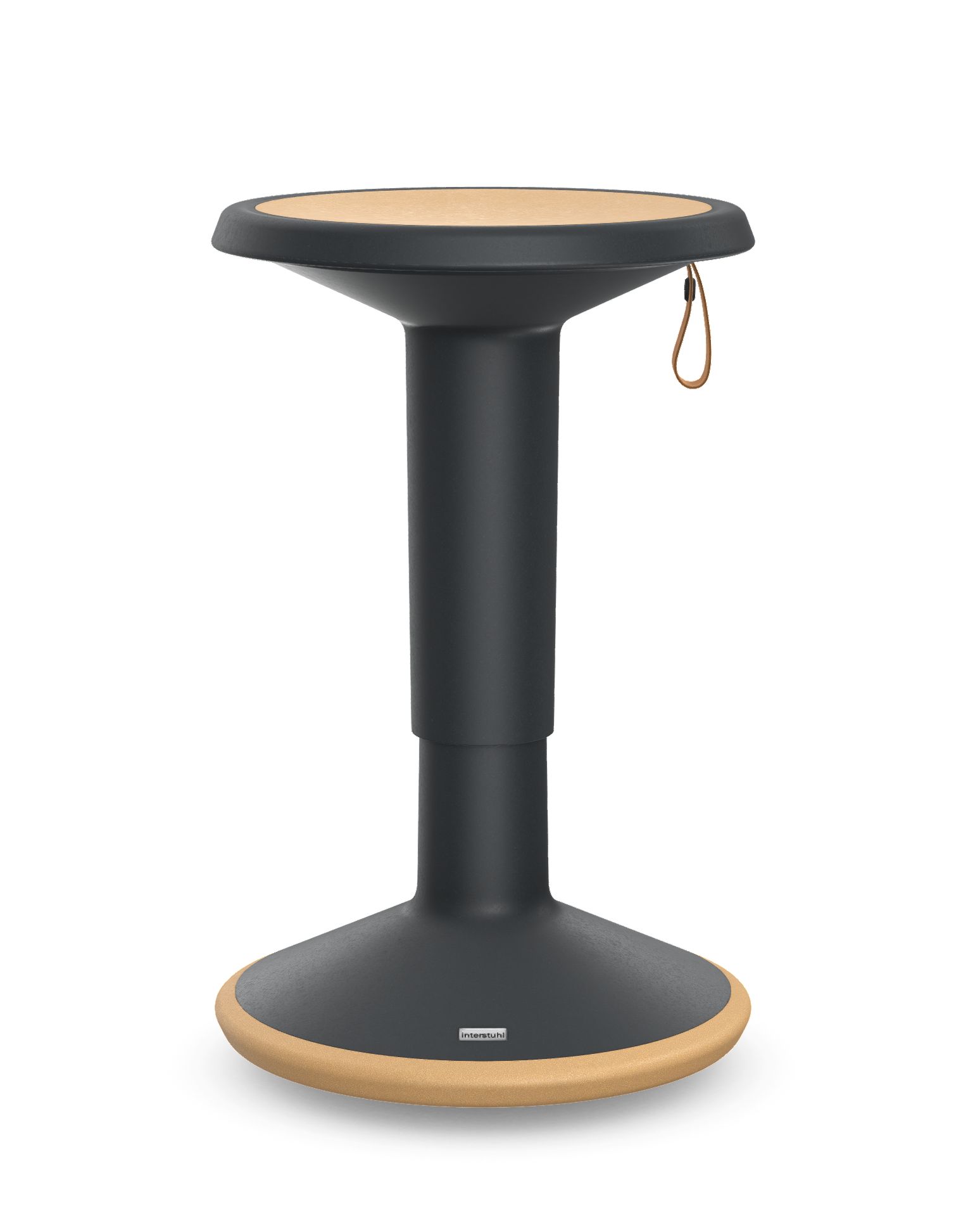 ECO UP Sitzhocker von Interstuhl, ein ergonomischer Stehhocker in Anthrazit mit Holzdetails.