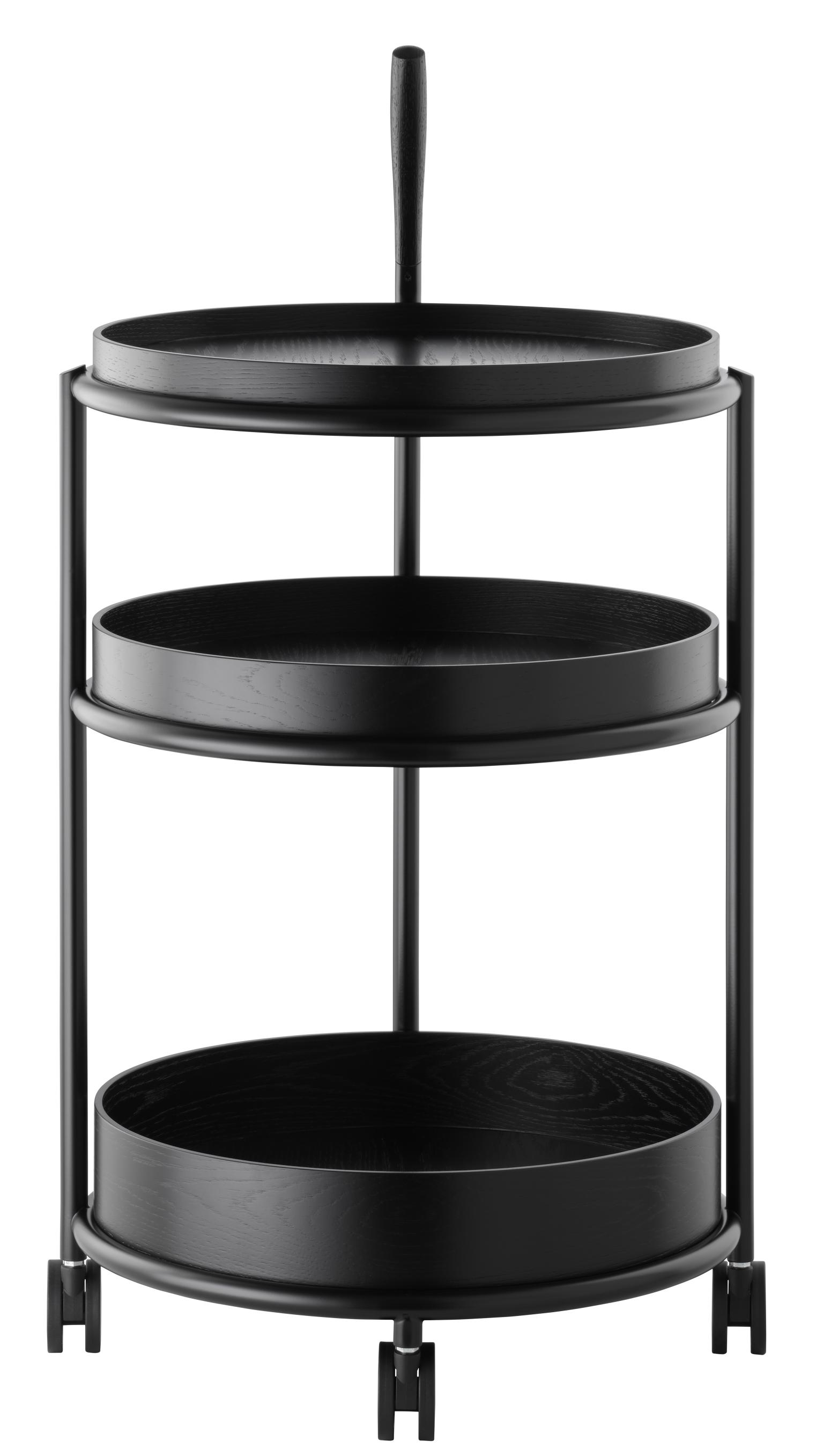 Schwarzer K6 Servierwagen von Tecta mit drei Etagen und Rollen. Moderner Trolley für Küche und Wohnzimmer.