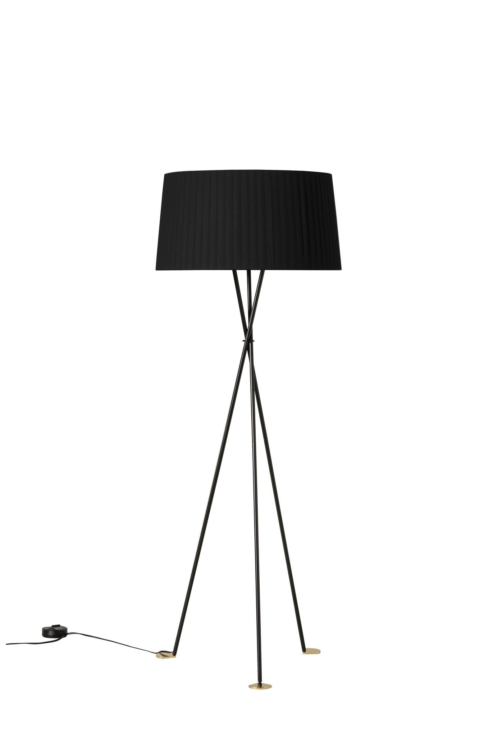 Tripode G5 Stehleuchte von Santa & Cole in Schwarz mit plissiertem Lampenschirm und Stativfuß.