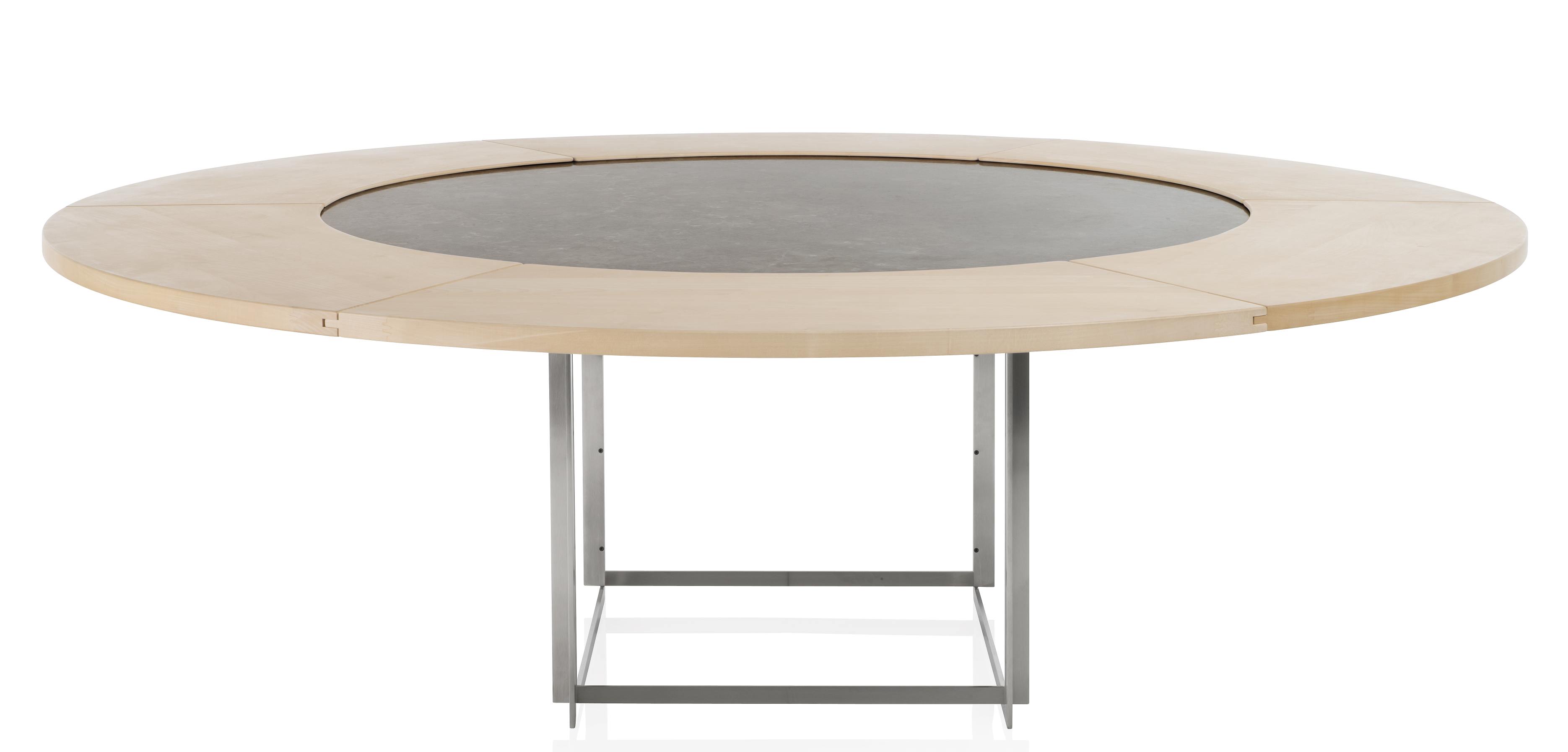 PK54 Esstisch von Fritz Hansen, runder Holztisch mit grauer Tischplatte und Stahlgestell.