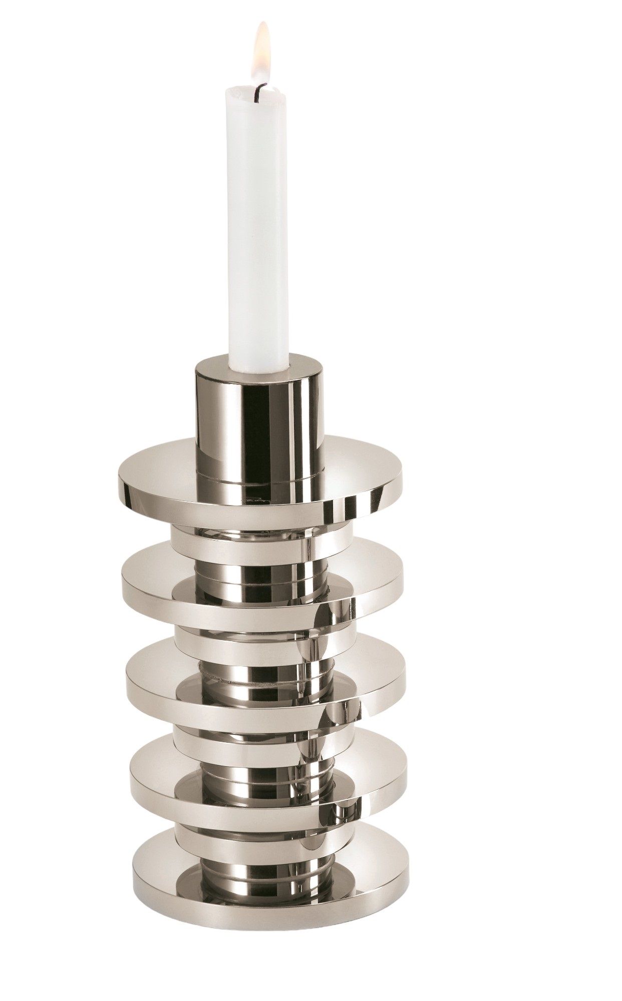 ASCOLI Vase/Kerzenhalter von Philippi: Moderner, silberner Kerzenständer mit brennender, weißer Kerze für stimmungsvolle Beleuchtung.