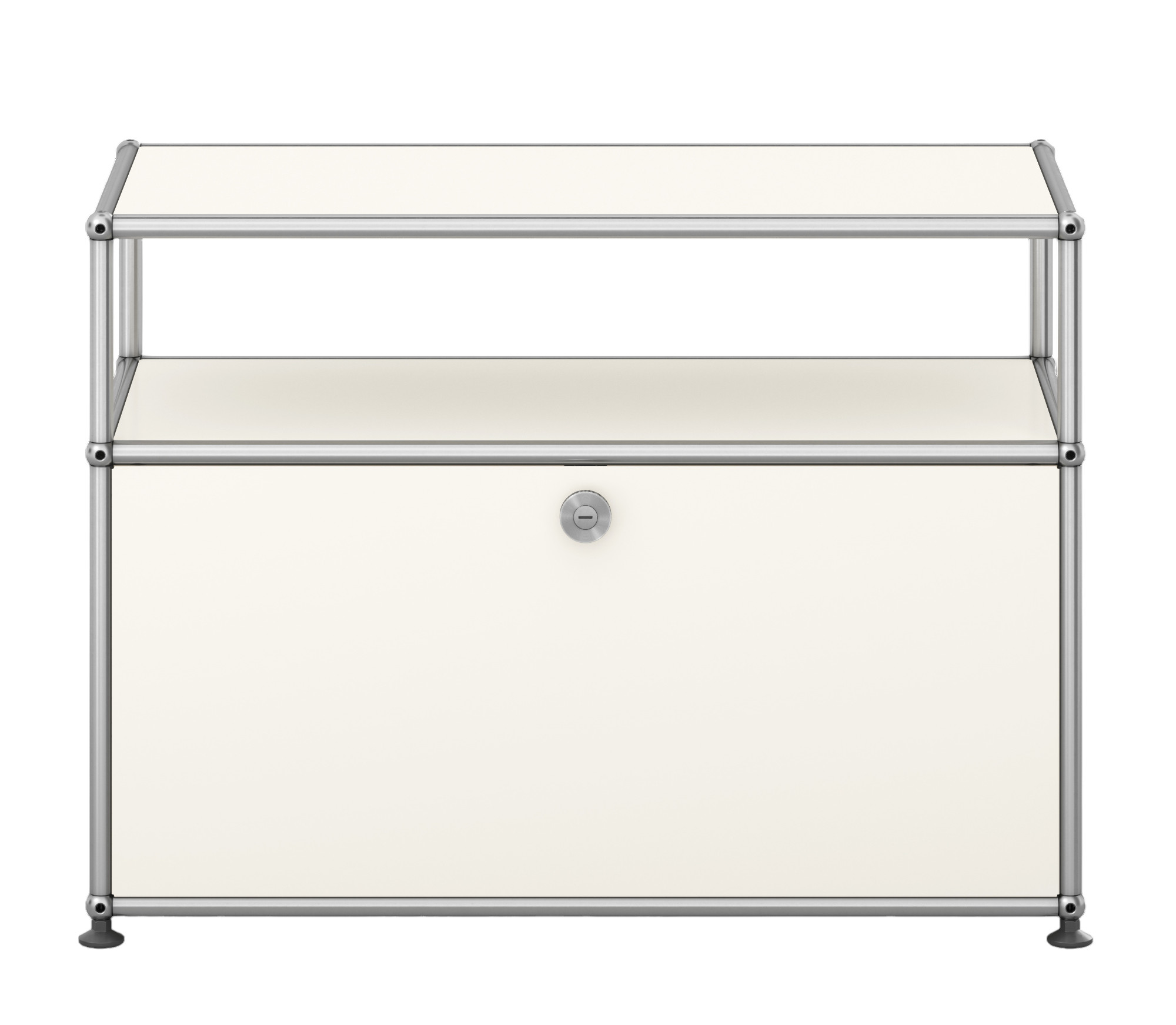 USM Haller Beistellmöbel in Reinweiß mit einem offenen Fach und abschließbarer Tür.