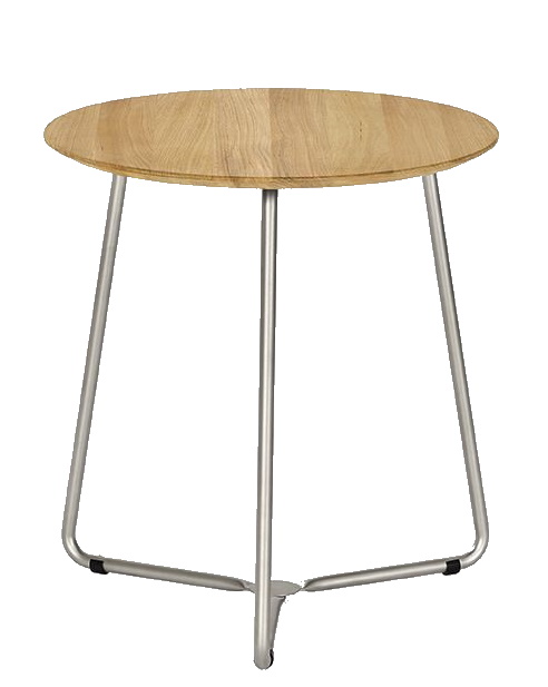 Weishäupl Bistrotisch für Balkon: Runder Holztisch mit filigranem Edelstahlgestell, ideal für kleine Flächen.