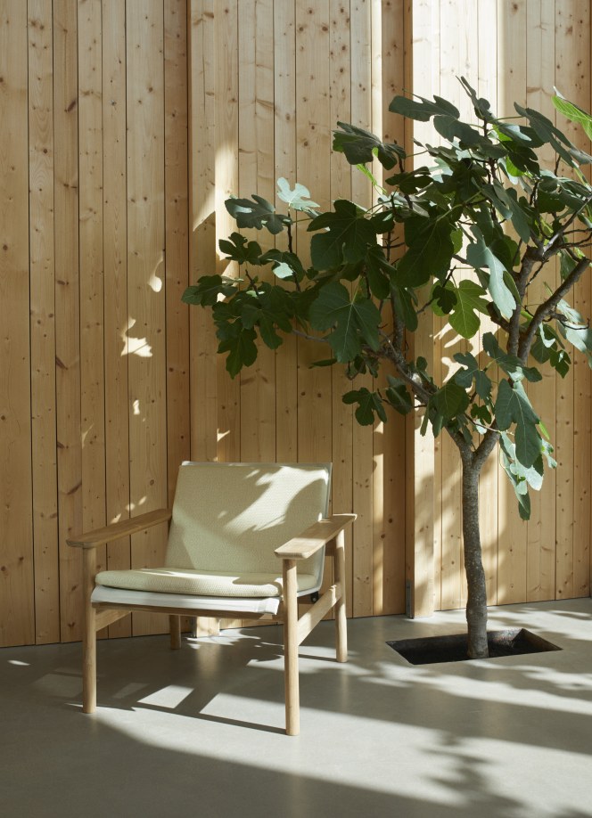 Pelagus Sessel von Skagerak: Moderner Lounge Chair aus Holz mit hellen Polstern neben einem Baum.