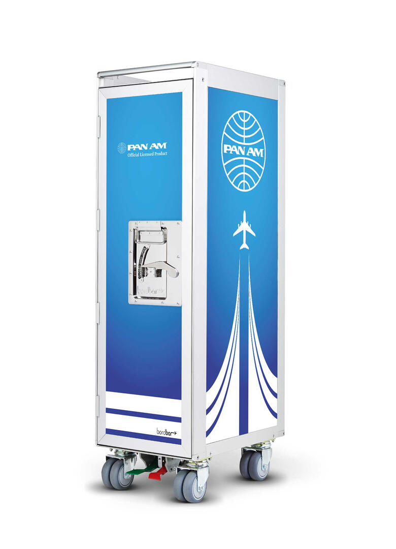 Pan Am Bordbar Flugzeugtrolley mit blau-weißem Design und Flugzeug-Motiv, ideal als Bar oder Möbelstück.
