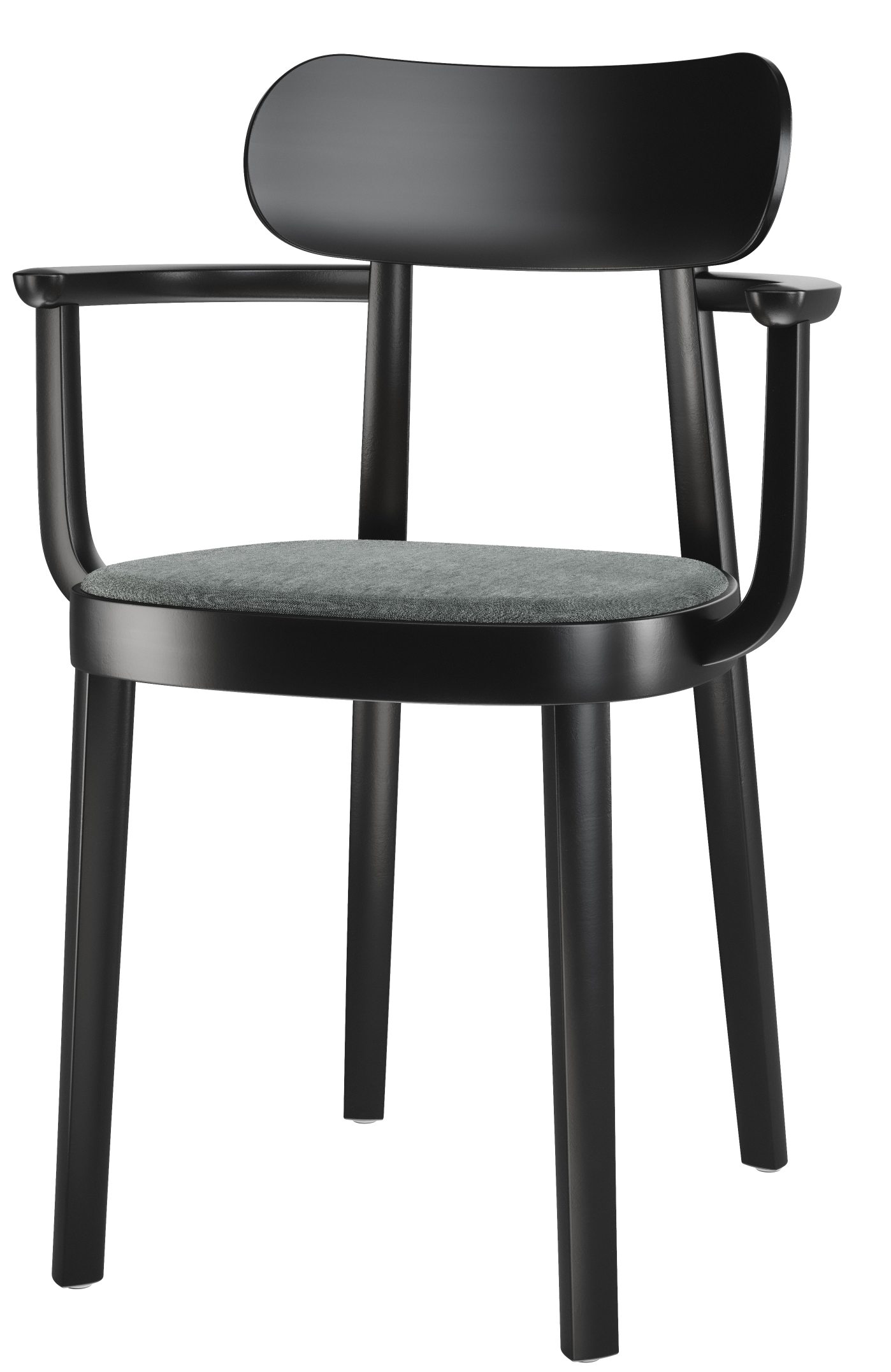 Schwarzer Holzstuhl mit Armlehnen und grauem Sitzpolster, Modell 118 SPF Thonet.