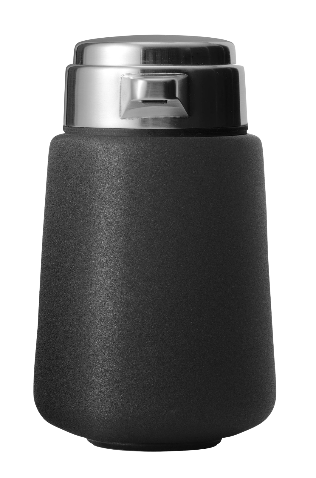 Schwarzer Seifenspender von Vipp mit Edelstahl-Pumpe für Küche und Bad, modernes Design.