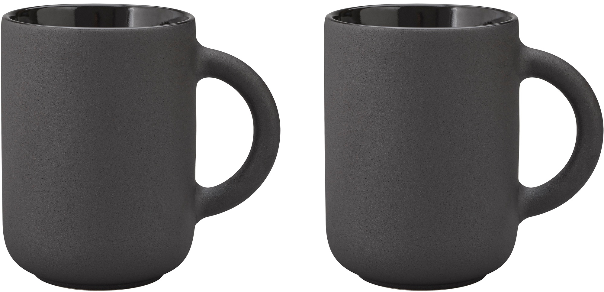 Zwei graue Theo Tassen von Stelton im minimalistischen Design, perfekt für Kaffee oder Tee.