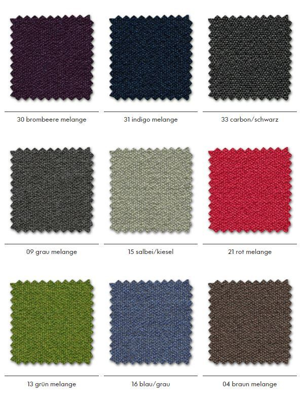 Dumet Stoffmusterkarte Vitra: Übersicht verschiedener Stoffmuster in Melange-Farben für Möbel und Polster.
