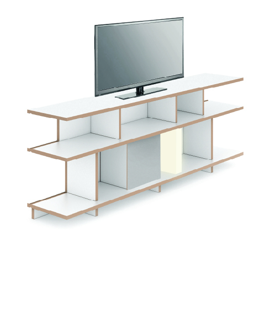 Weißes Tojo Stell Regal Anbaumodul niedrig mit TV, modernes Wohnzimmerregal für Fernseher und Dekoration.