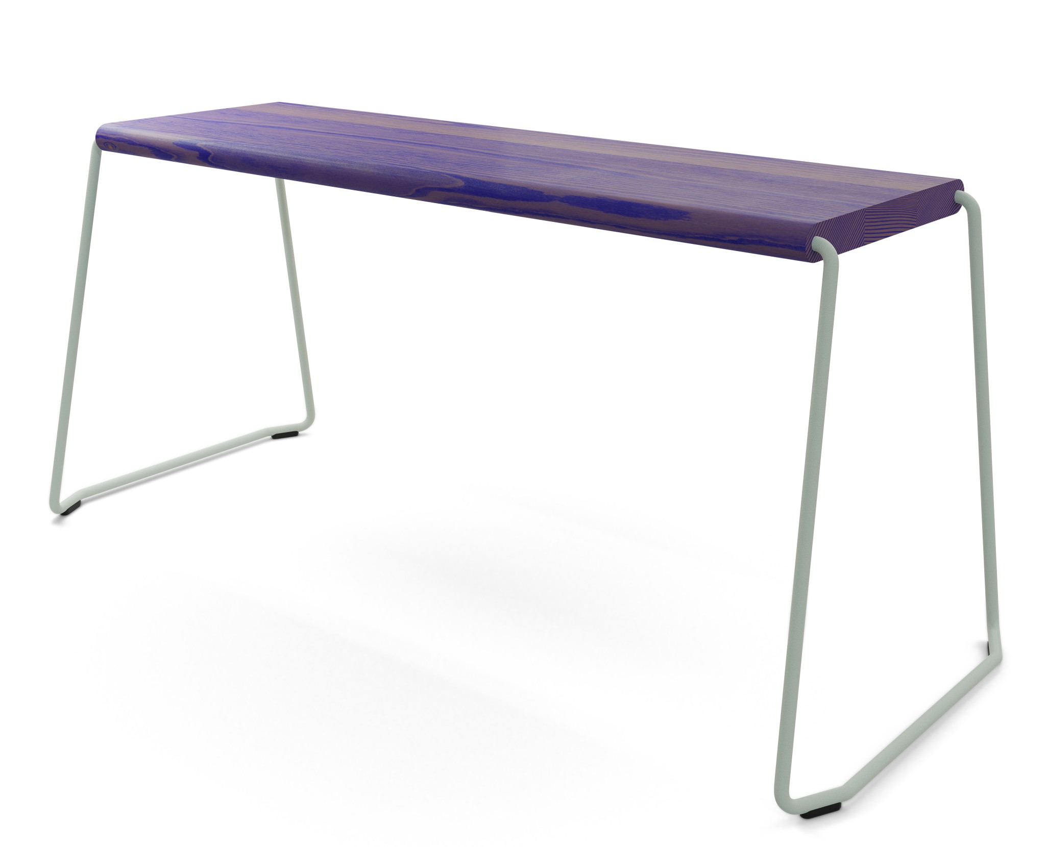 D:004 Bank Ultraviolett: Moderne Holzbank mit violettem Sitz und hellgrünem Metallgestell. Designermöbel für Wohnraum und Büro.
