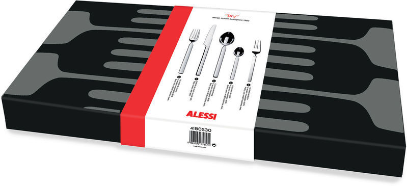 Verpackung der Alessi Dry Besteckgarnitur 30-teilig. Elegantes Besteckset für stilvolle Tischdekoration und gehobene Gastronomie.
