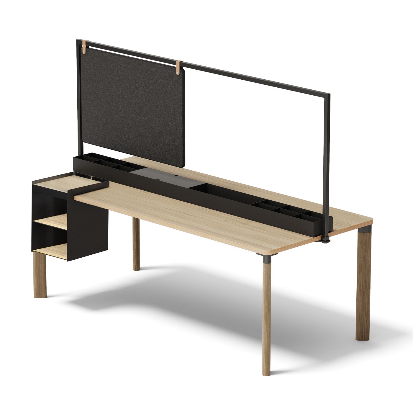 Enfold Table Work Table Mizetto QUICK SHIP: Heller Holztisch mit schwarzem Aufsatz und Akustikpaneel.