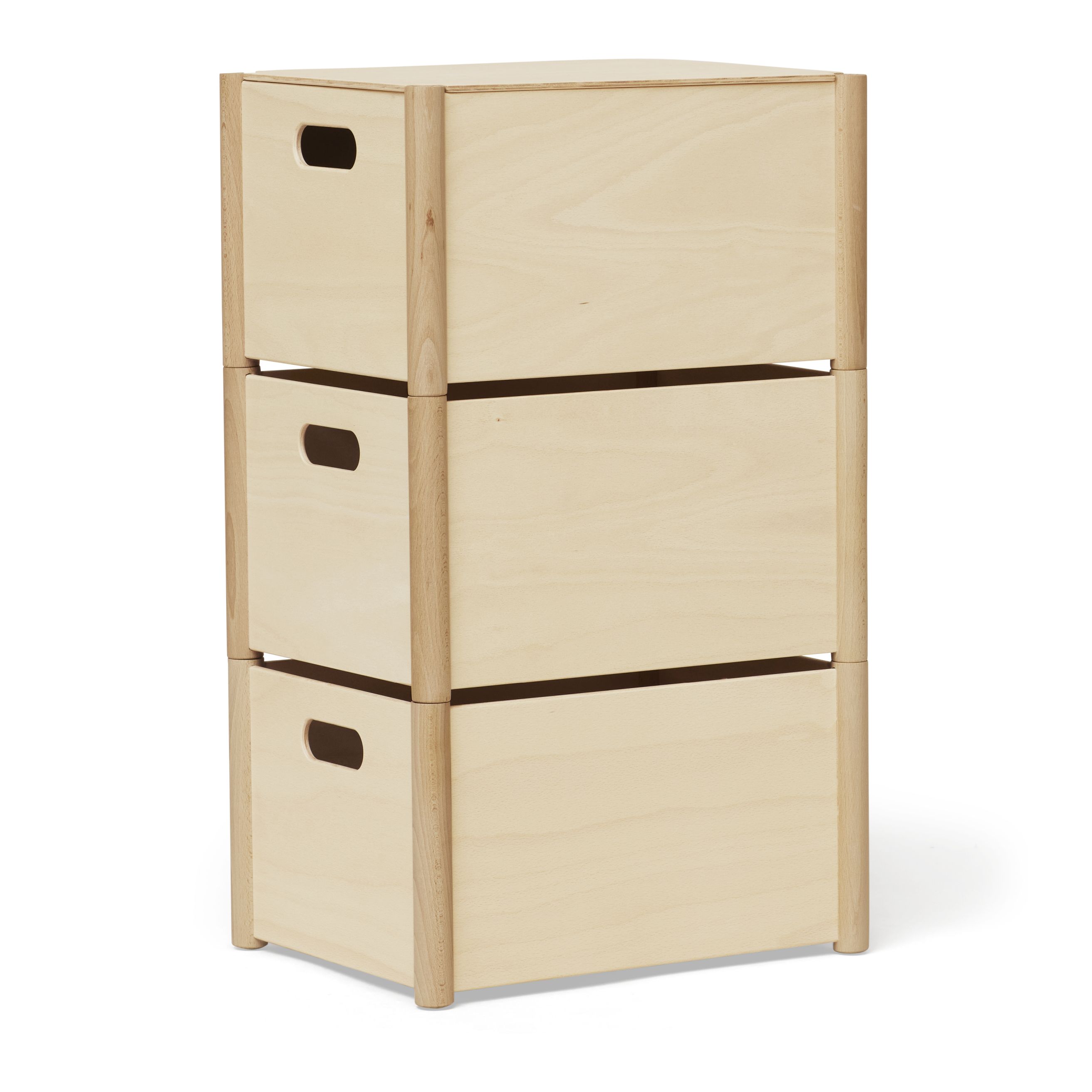 Drei gestapelte Pillar Box Aufbewahrungsboxen aus hellem Holz mit Griffen für Kinderzimmer.