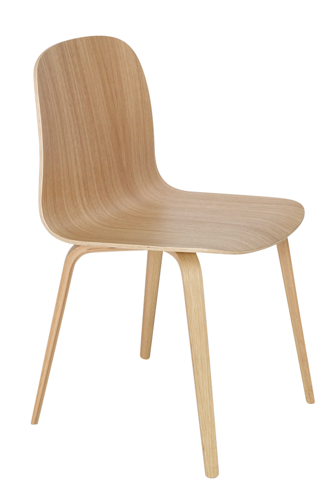 Muuto Visu Chair: Holzstuhl mit geformter Sitzschale und vierbeinigen Holzgestell in heller Holzoptik.