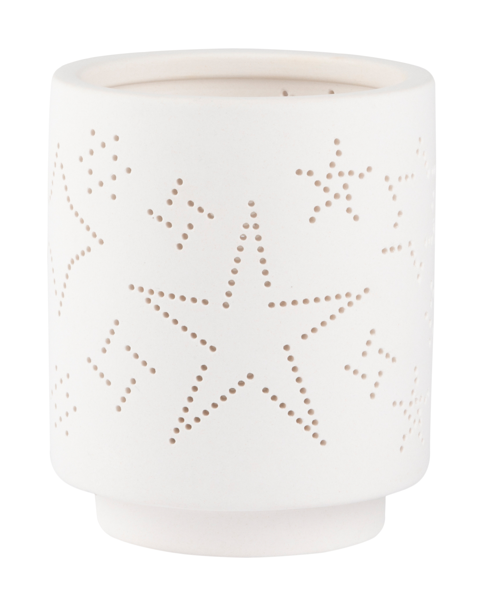 Weißes Windlicht aus der Living Licht Räder Kollektion mit Sternen- und Punktmuster.