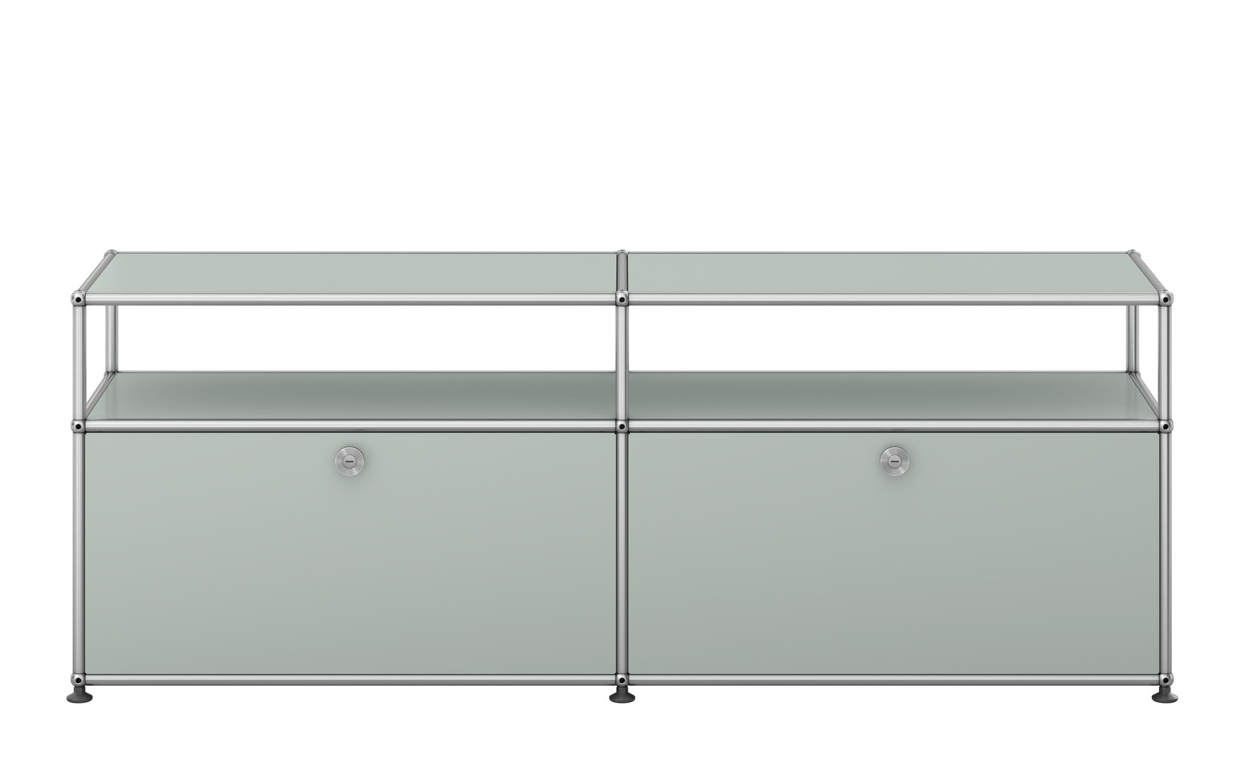 USM Haller Sideboard in Lichtgrau mit zwei abschließbaren Fächern, ideal als TV- und Hi-Fi-Möbel.