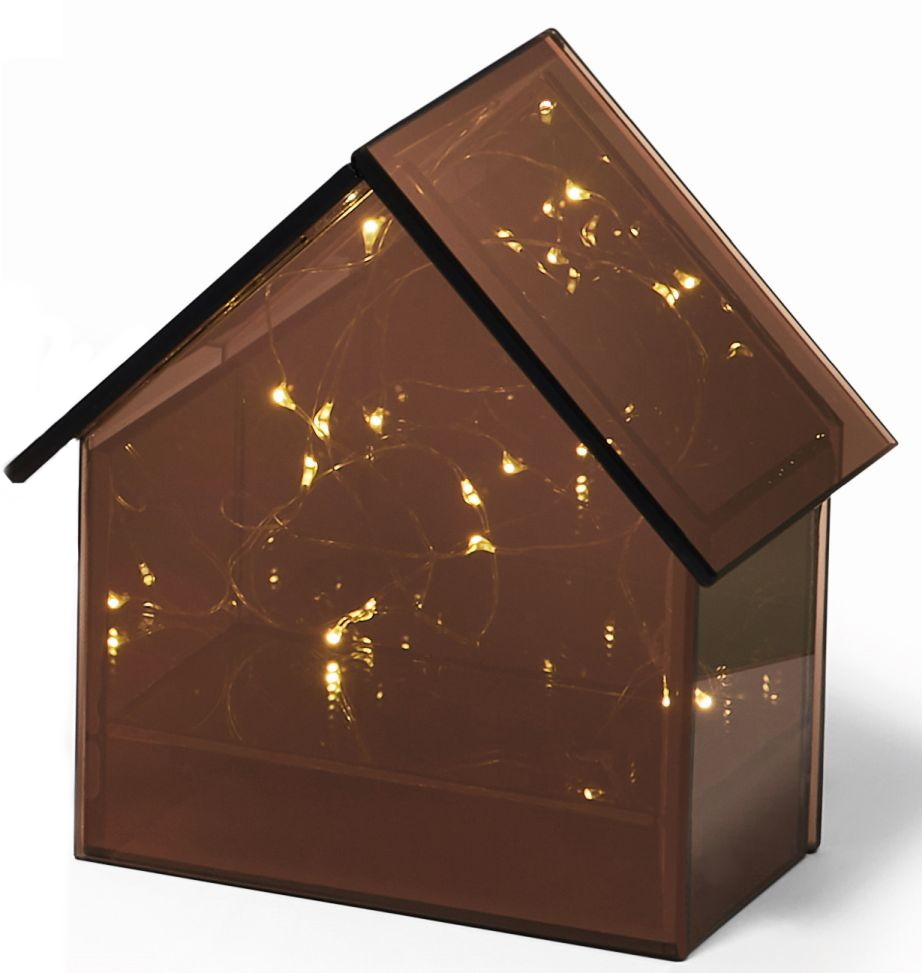 Light House Philippi: Dekorative, braune Glas-Leuchte in Hausform mit warmweißen LED-Lichtern im Inneren.