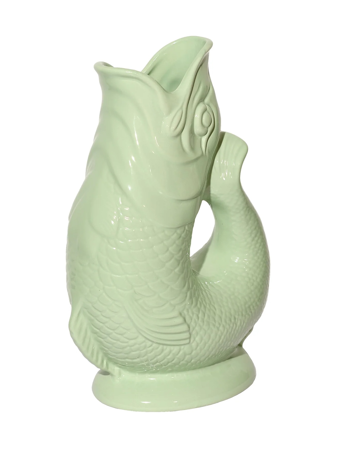 Grüne Gluckigluck Fischkaraffe XL, Keramik Wasserkrug in Fischform, dekorative Vase für Blumen.