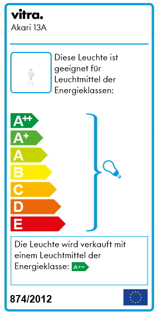 Energieeffizienzlabel der Akari 13A Stehleuchte von Vitra mit Informationen zu den Energieklassen.