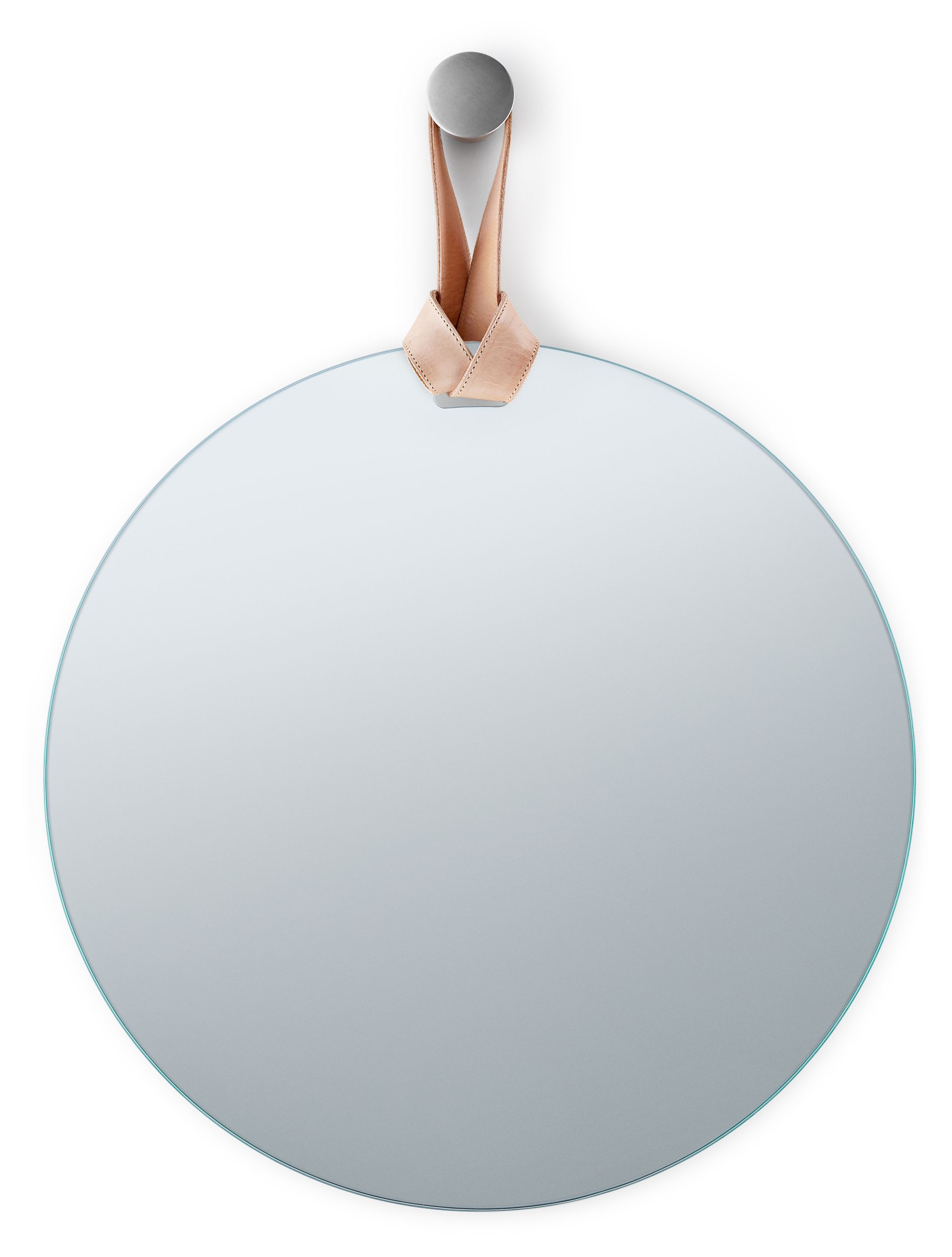Runder Eva Solo Spiegel mit Lederriemen und silberfarbener Wandhalterung. Moderner Wandspiegel.
