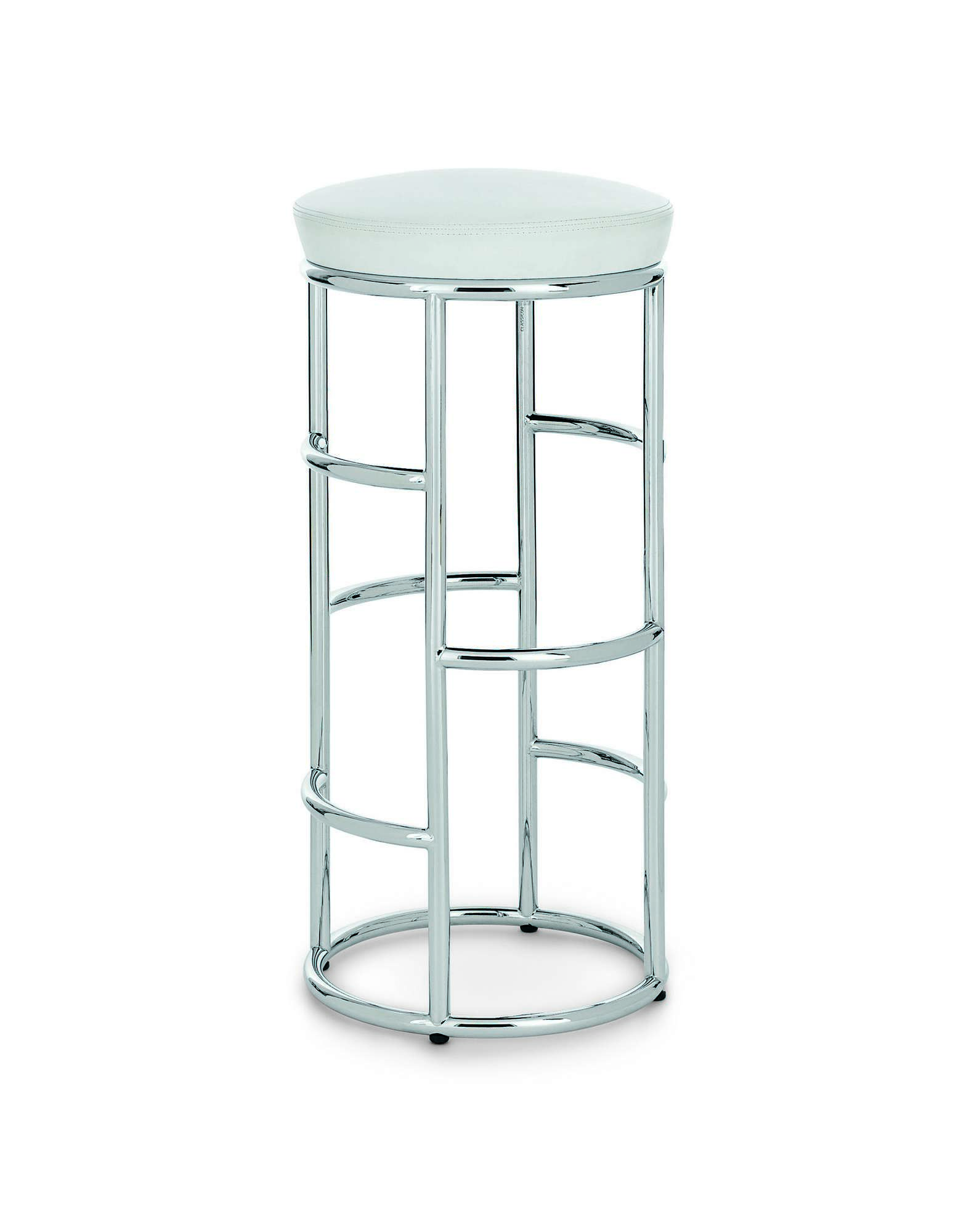 Satish Barhocker mit weißem Lederbezug und verchromtem Stahlgestell. Moderner Hocker für Küche und Bar.