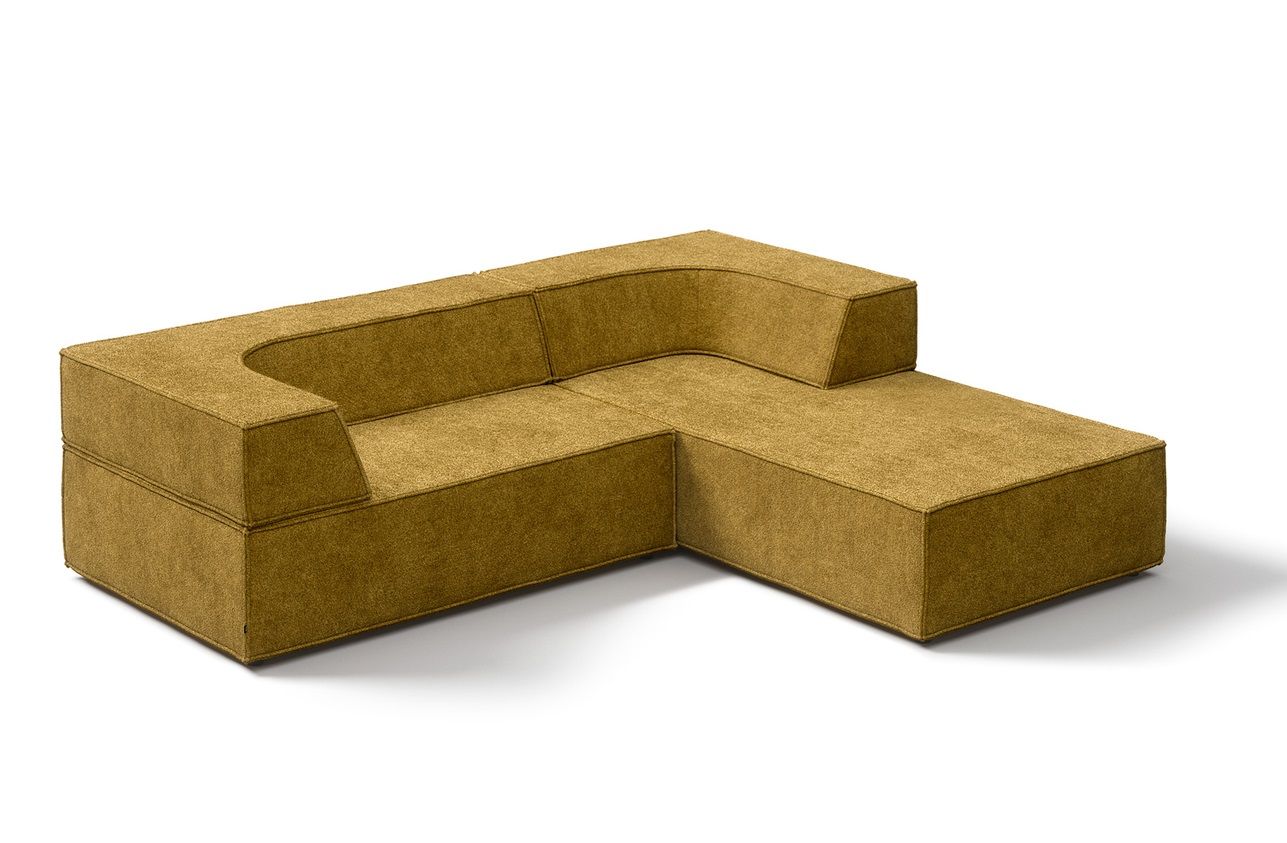 Trio Sofa von Cor in Senfgelb, moderne Wohnzimmercouch mit Ottomane und Stoffbezug.