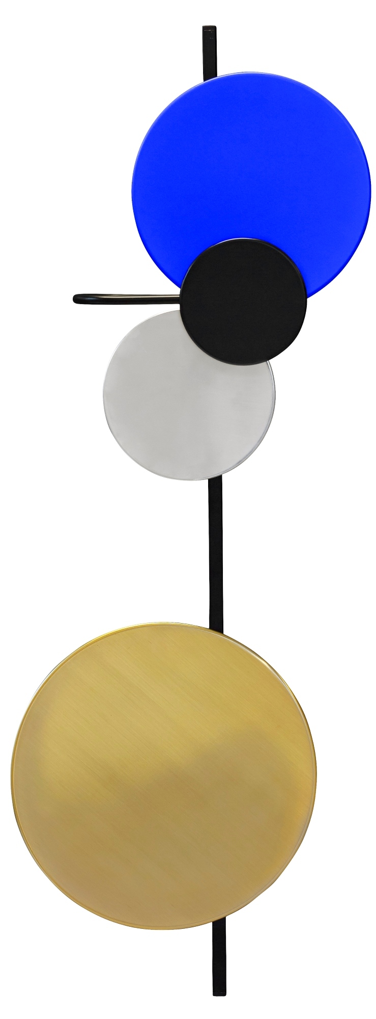 Planet Lamp Wandleuchte: Moderne Wandlampe mit bunten, runden Elementen in Blau, Schwarz, Weiß und Gold.