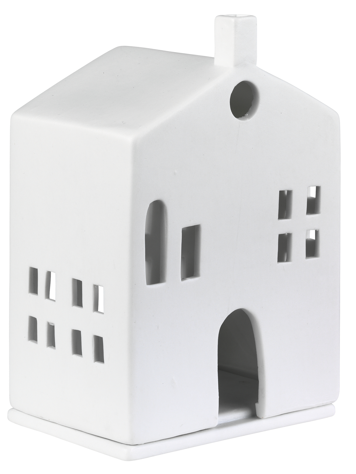 Weißes Zuhause Lichthaus mit runder Tür, kleinem Schornstein und vielen Fensteröffnungen für stimmungsvolle Lichteffekte.