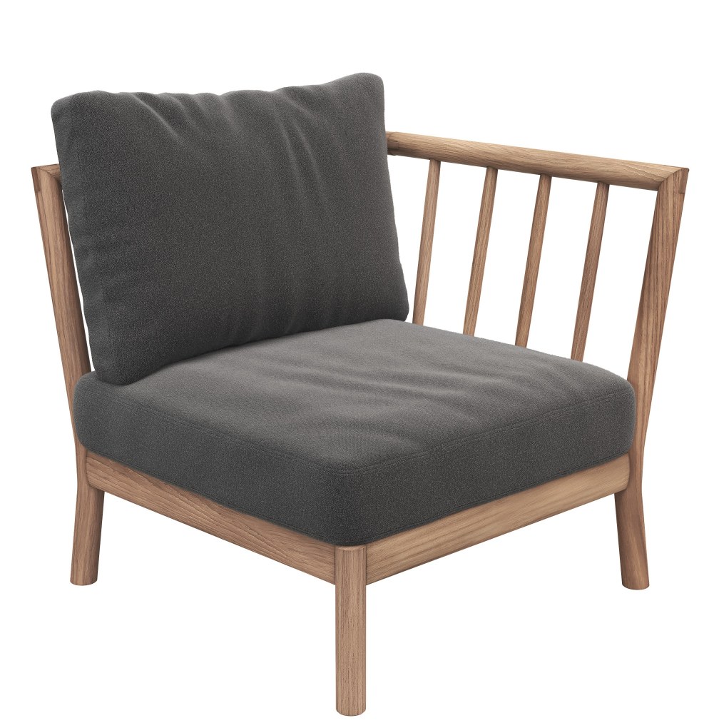 Tradition End Modul Sofa von Skagerak by Fritz Hansen mit grauem Kissen und Holzrahmen.