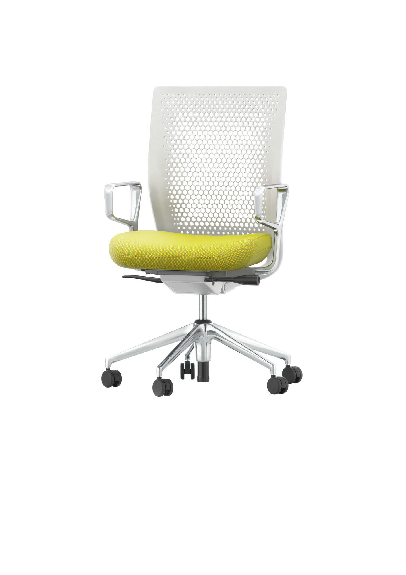 Vitra ID Air Bürodrehstuhl mit grünem Sitzpolster und weißer Rückenlehne, ergonomischer Bürostuhl.