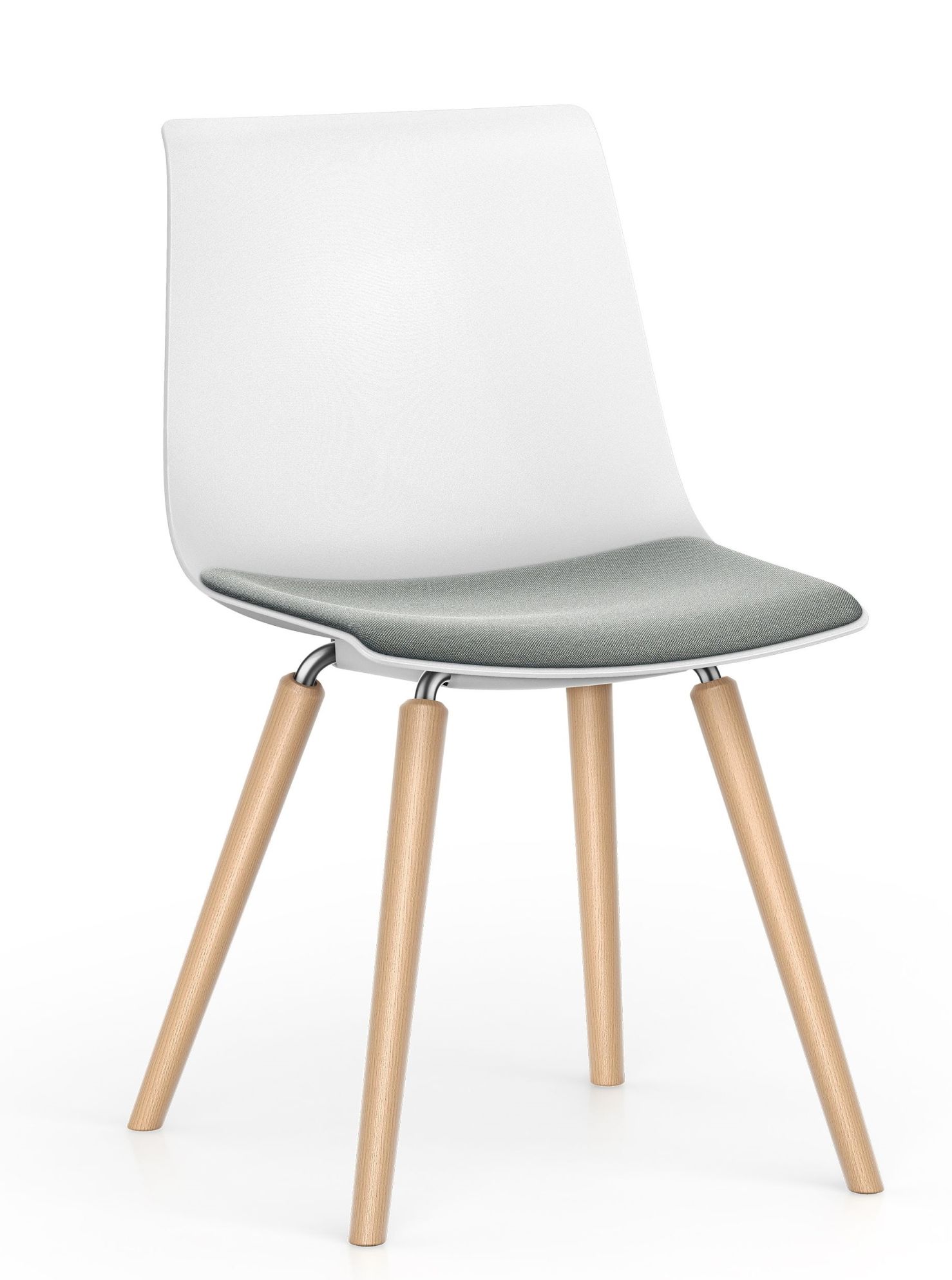 Interstuhl Shuffleis Besucherstuhl mit Holzfuß und grauem Sitzpolster, Ansicht von vorne.