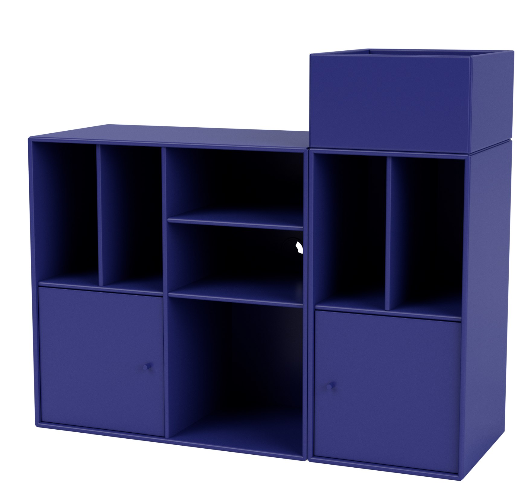 Blaues Montana Spin III Schallplattenregal mit Fächern, Türen und Ablageflächen für Vinyl.