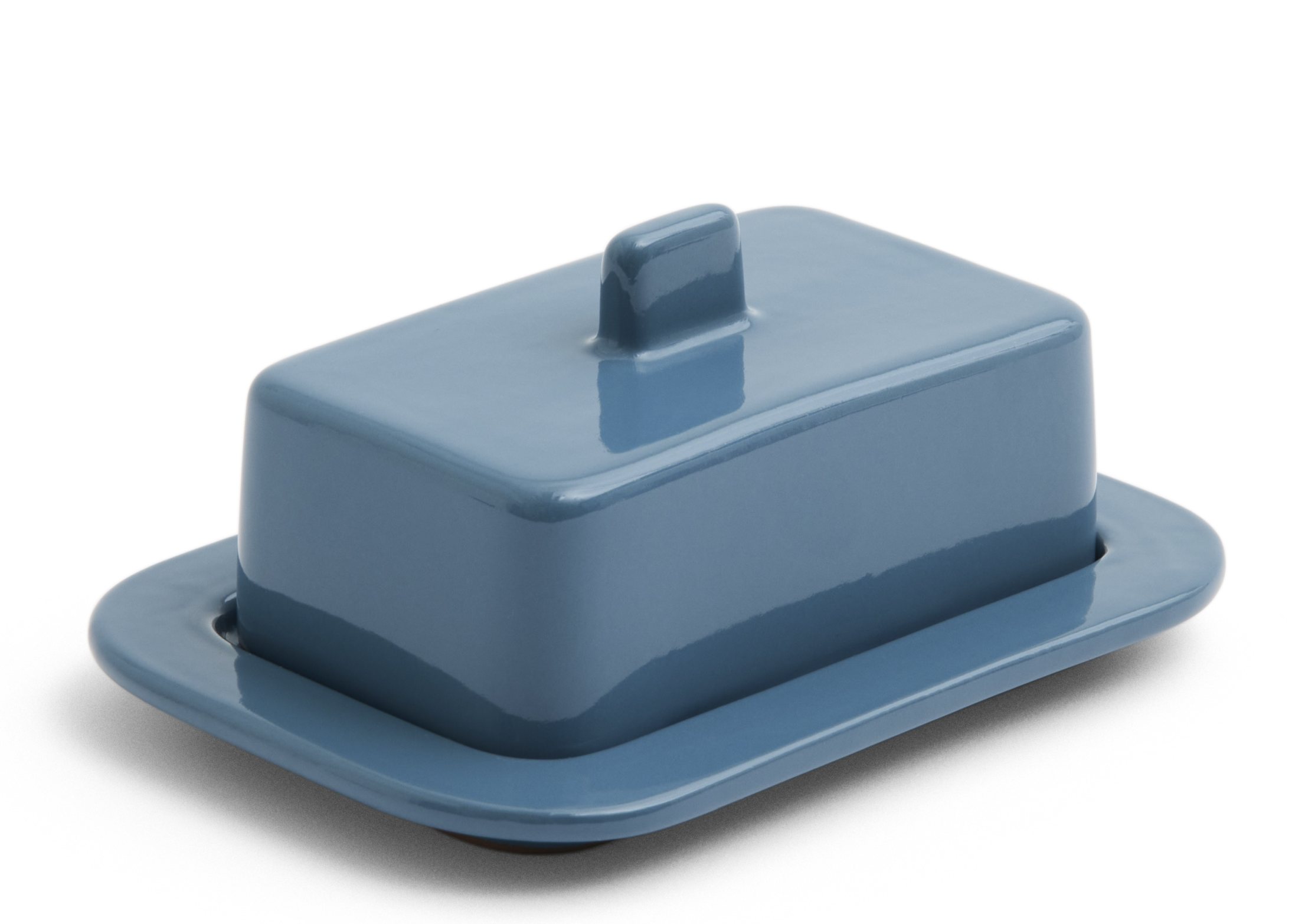 Nahaufnahme der dunkelblauen Hay Barro Butterdose aus Keramik.