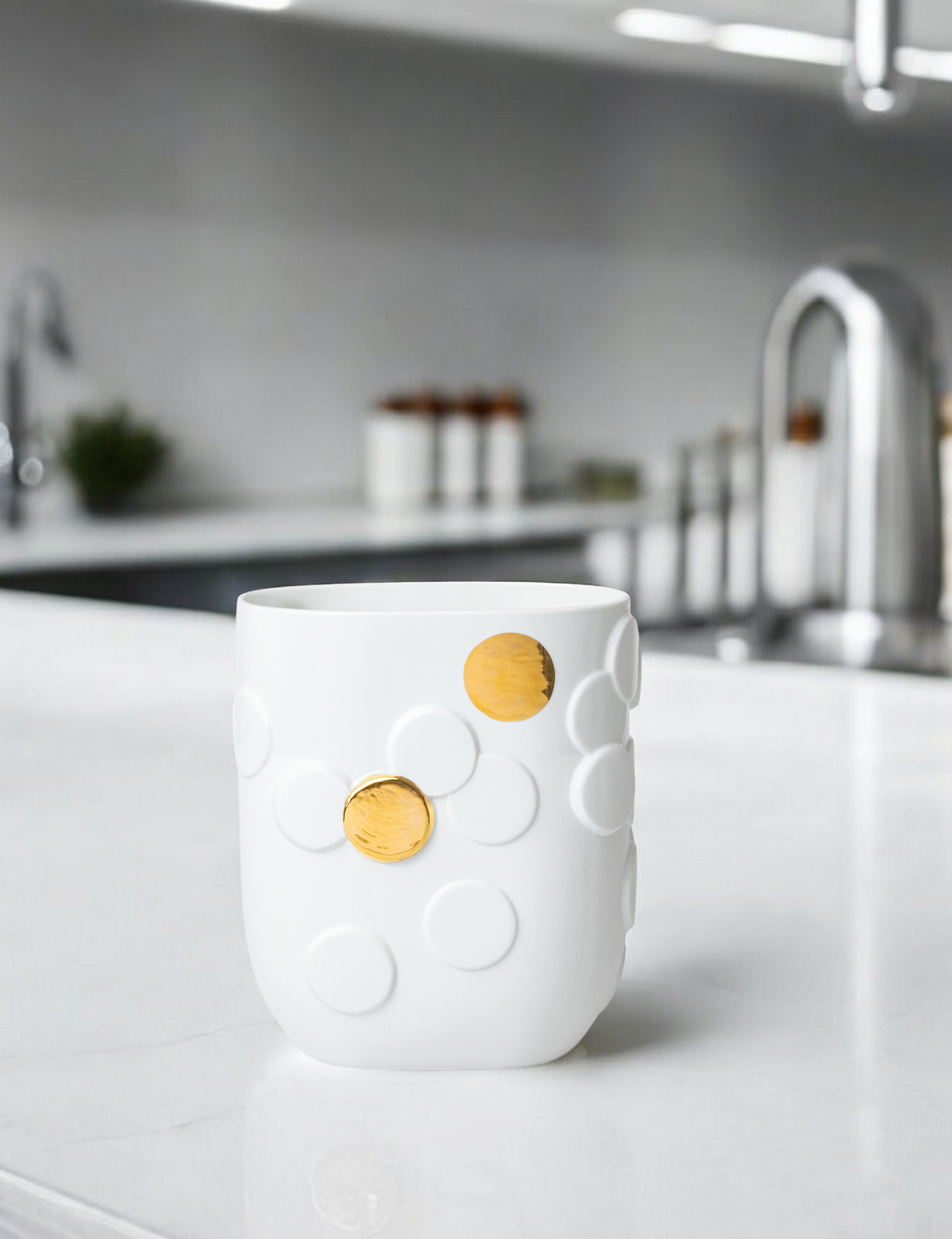 Weiße Vase mit goldenen Punkten von Räder Design, moderne Dekoration für Wohnzimmer und Tisch.