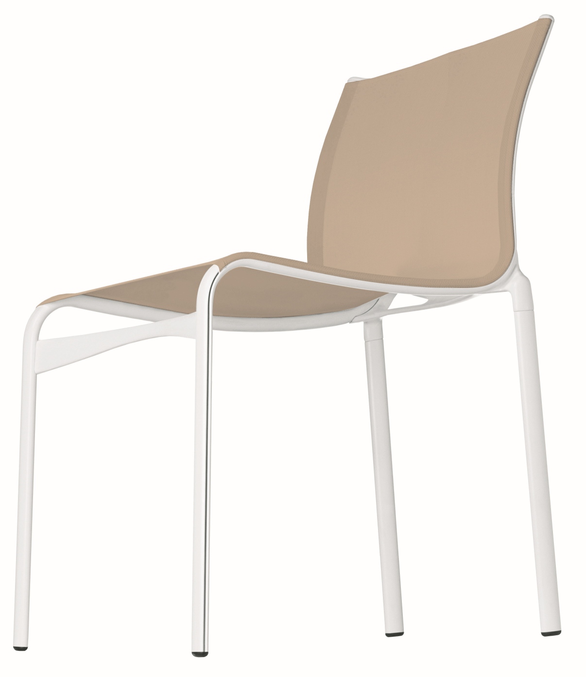 Frame Stuhl mit beigem Sitz und Rückenlehne, weißem Gestell, ideal für Büro und Wohnbereich.