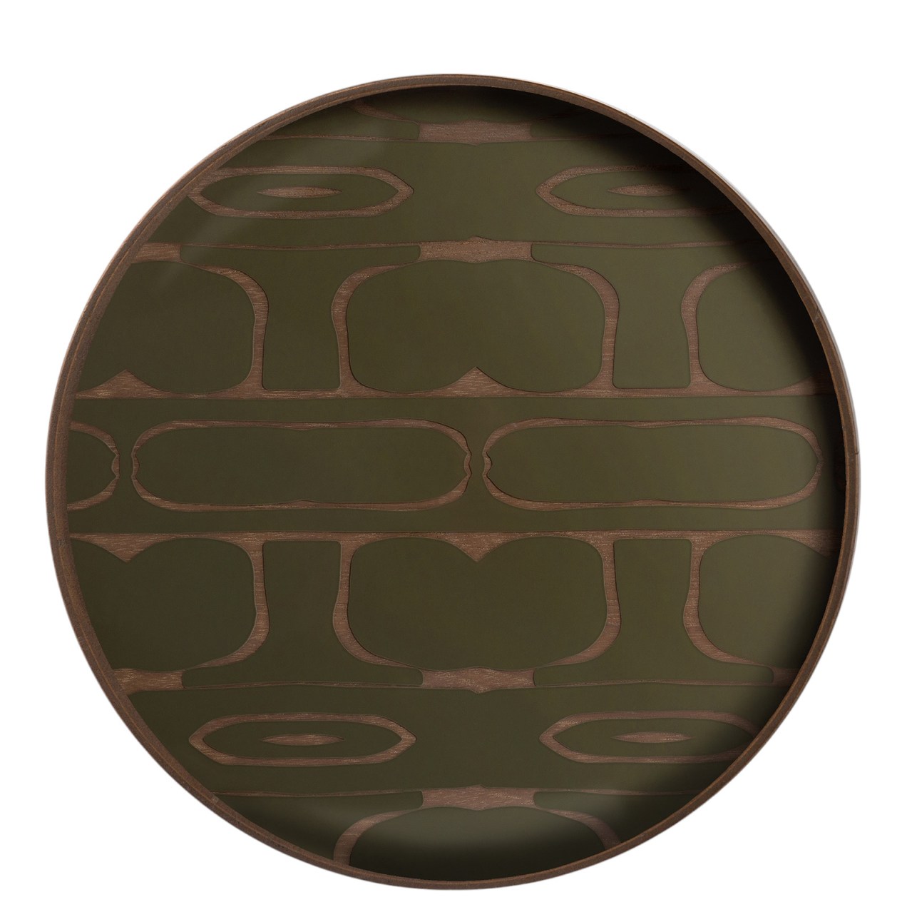 Rundes Second Nature Valet Trays Tablett von Ethnicraft mit grünem Muster und Holzrahmen.