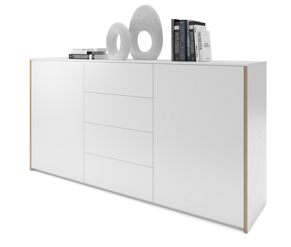 Weißes Sideboard "Modular Plus" von Müller Möbelwerkstätten mit zwei Türen und vier Schubladen.