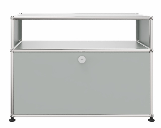 USM Haller Beistellmöbel in Hellgrau mit einer Schublade und offenem Fach, modernes Design.